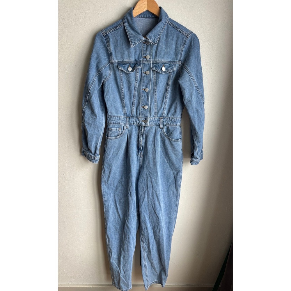 SHEIN Women Light Wash Denim Jumpsuit Long Sleeve Boiler Suit Blue Size M 6